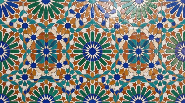 Intricate moroccan zellij tile mosaic featuring repeating geometric star patterns in blue, green, and terracotta brown colors