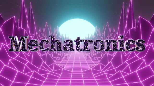 Retro futuristic landscape featuring glowing neon grid mountains and bright cyan sun with mechatronics text overlay
