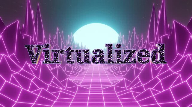 Retro futuristic virtualized text animation over neon purple wireframe landscape with wireframe mountains perspective