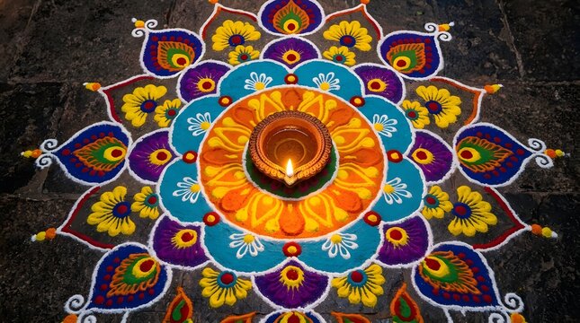 Colorful powder rangoli art with a lit clay diya lamp on a dark stone floor for diwali festival