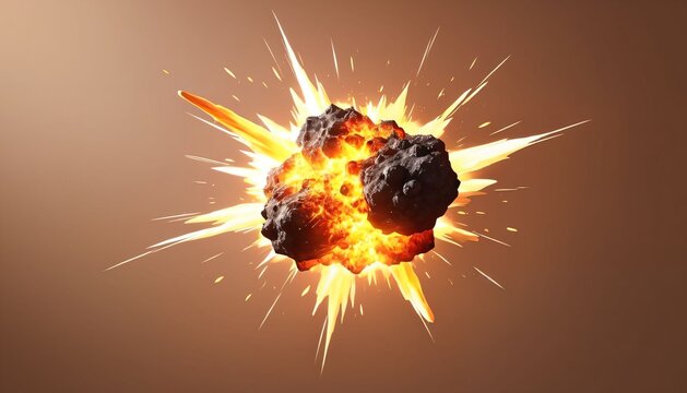 Fiery asteroid explosion on warm backdrop