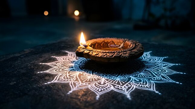 A single glowing clay diya lamp placed on a detailed white chalk rangoli pattern on a dark stone floor