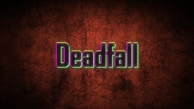 Title deadfall with stylized neon lettering on a textured dark grunge background with lettering vibrant purple