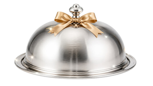 Silver Restaurant Cloche with Golden Bow on Transparent Background