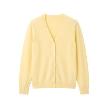 화사한 배경 위에 단추가 달린 부드러운 노란색 파스텔 컬러의 여성용 니트 가디건
Soft yellow pastel color women's knit cardigan with buttons on a bright background