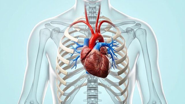 3D Human Heart Organ with Aorta and Blood Vessels Inside Ribcage Skeleton