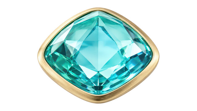 Teal Gemstone Cushion Cut in Gold Frame Isolated on Transparent