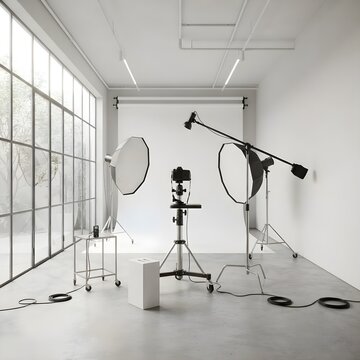 전문 조명과 카메라 장비가 세팅되어 있는 깔끔한 화이트 호머 스튜디오 촬영 공간
Clean white home studio shooting space equipped with professional lighting and camera gear