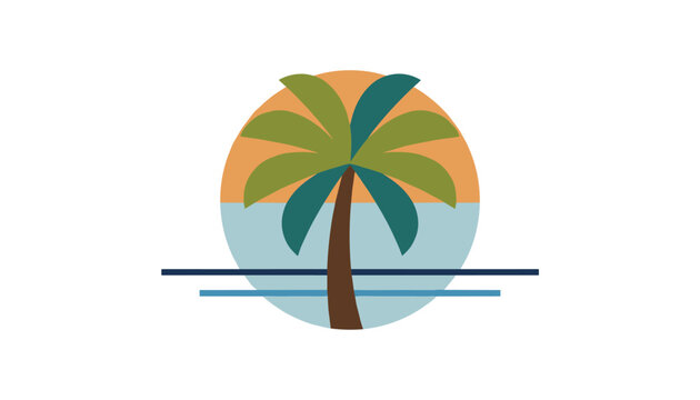 Stylized circular logo of a palm tree on a tropical beach against a setting sun, symbolizing vacation and paradise getaways.