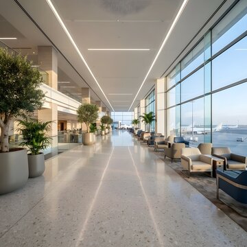 끝없이 펼쳐진 통유리창과 대리석 바닥이 어우러진 대형 빌딩의 모던한 실내 로비 복도
A modern indoor lobby corridor of a large building featuring expansive glass windows and marble floors