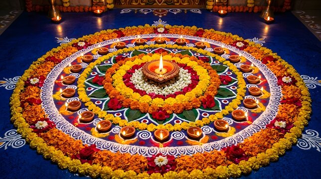Intricate floral rangoli design with multiple lit diyas on a blue floor for diwali