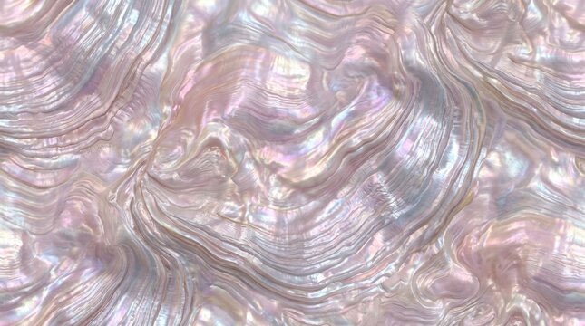 Iridescent mother of pearl texture with swirling organic patterns in soft pastel pink, white, and silver tones, seamless nacre surface detail