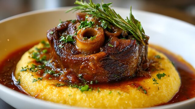 Osso buco served over yellow polenta with fresh herbs on top.