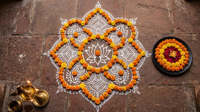 Traditional white chalk rangoli pattern decorated with marigold flowers on a stone floor with a brass diya lamp
