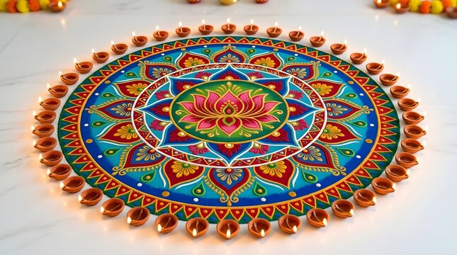 Beautiful circular rangoli design with lotus pattern and glowing diyas on a white marble floor for diwali festival celebration