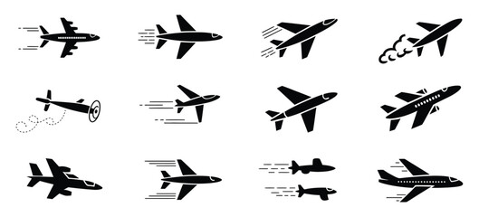 Fototapeta premium Airplane icon set with flight motion trails, flying aircraft jet and passenger plane silhouettes, aviation travel symbols, air force, speed and delivery concept, flat vector illustration.