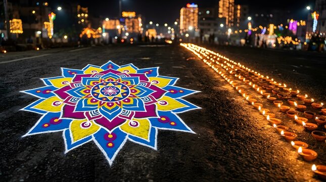 Vibrant rangoli art on a dark asphalt road at night with glowing oil lamps lining the street during diwali festival celebration