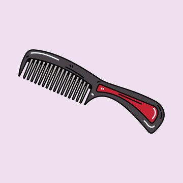 Comb with a sleek black and red handle sits isolated against a soft pastel background.
