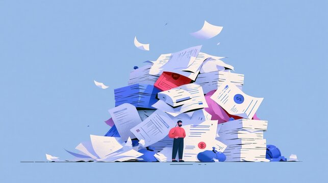Man overwhelmed by massive paper stack during busy workflow with floating documents symbolizing bureaucracy and workload