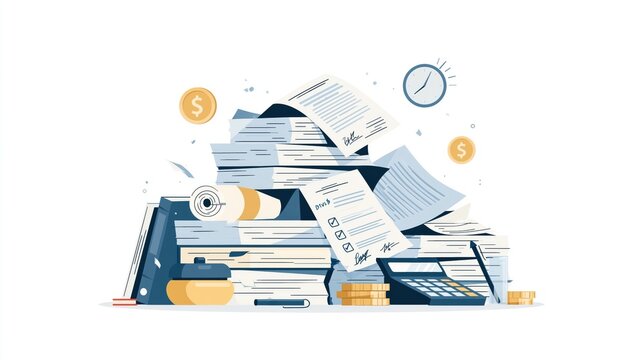 Piles of documents with coins and calculator representing financial management and paperwork