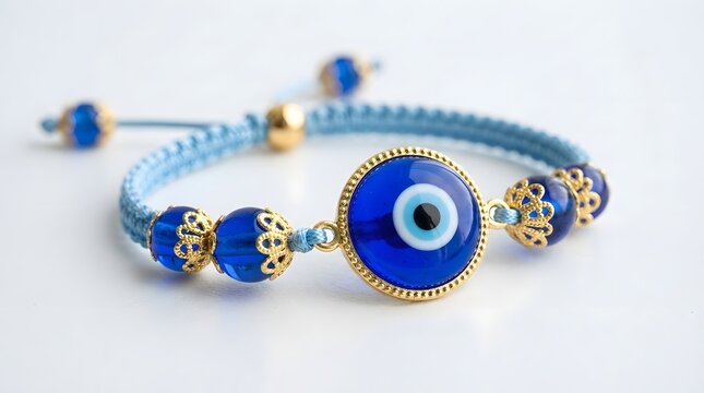Blue evil eye bracelet with gold accents and woven cord isolated on white background