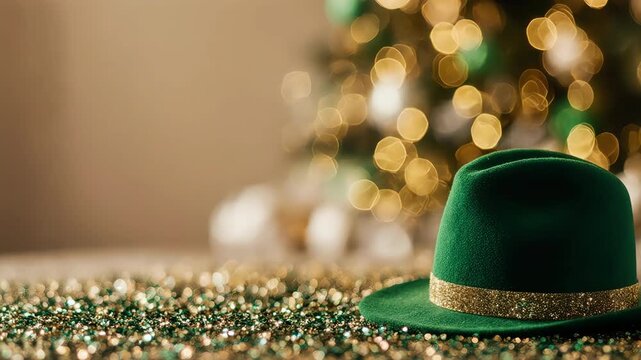 Magical St. Patrick&rsquo;s Day scene, animated clover leaves swirling through the air with smooth motion, shiny green top hat with golden buckle, sparkling bokeh lights in the background