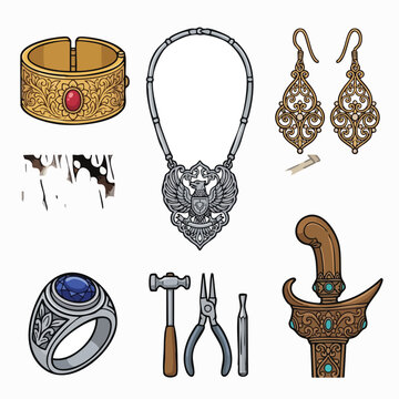 Indonesian jewelry and metal craft vector set featuring gold crown bracelet, silver necklace, carved kris dagger, gem ring, and jewelry pliers tools.