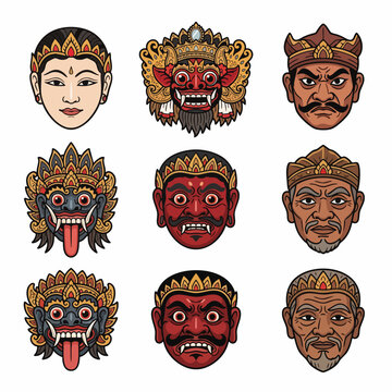 Indonesian traditional mask vector set featuring Balinese Barong mask, Rangda, wood carved theatrical face masks, and royal batik headdress caps.