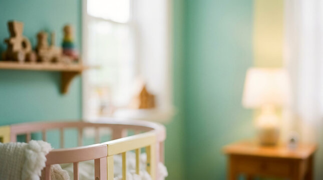 Abstract Blur Background of a Cozy Baby Nursery Room with a Wooden Crib and Soft Lighting for Interior Design and Parenting Concepts.