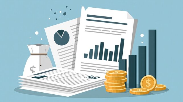 Financial documents with charts and money bag during planning with blue background