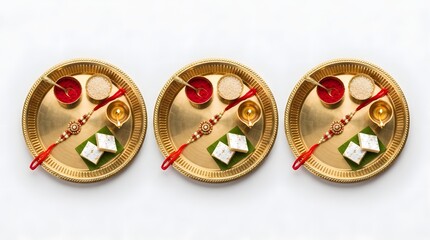 Naklejka premium Three identical raksha bandhan thalis with rakhi, sweets, rice, and kumkum isolated on white background