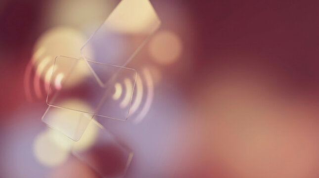 Abstract technology background with blur background bokeh and floating transparent glass screens featuring wireless signal icons for digital connectivity.