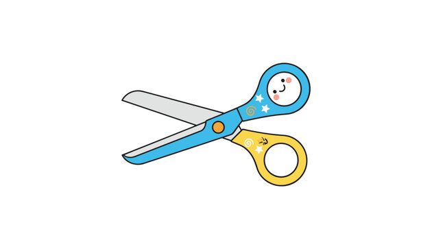 Playful blue and yellow children safety scissors with a cute smiling face illustration and decorative star details.