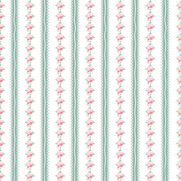 Green and pink floral seamless pattern background with vertical flower stripes and lace vector illustration for baby shower, pastel fabric design, wrapping paper, wallpaper, textile, cards