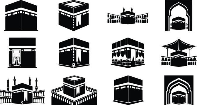 Sacred kaaba building designs and masjid al haram silhouettes present islamic religious icons.