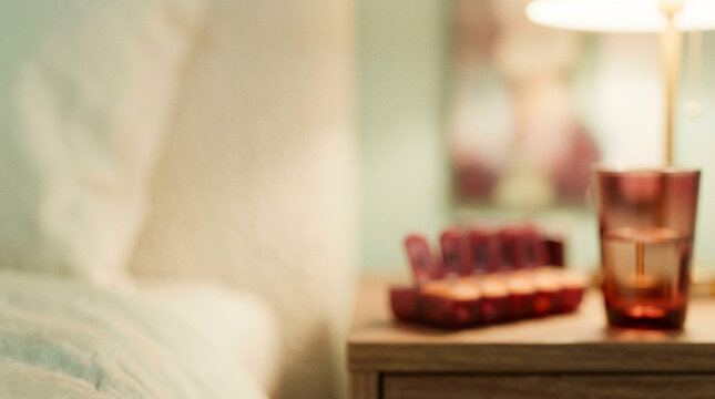 Soft blurred background of a cozy bedroom nightstand with a glass of water and pill organizer under a warm lamp light at night for health care.