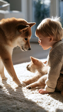 Cute and friendly dog happily interacting with a child, creating a warm, joyful, and trustworthy family moment.