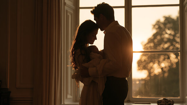 Tender moment between newborn baby and parents, symbolizing unconditional love, family connection, protection, and precious memories.