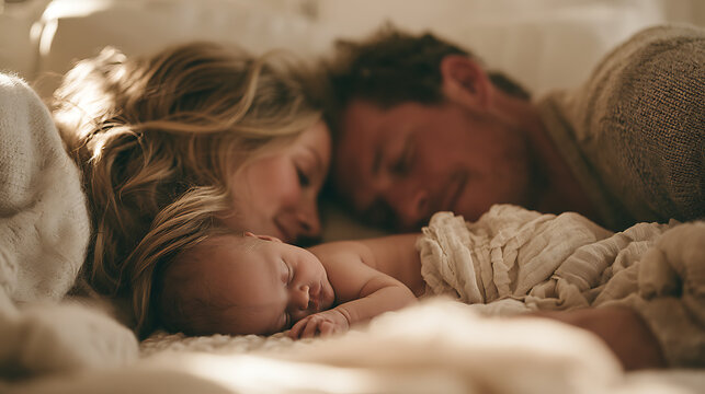 Tender moment between newborn baby and parents, symbolizing unconditional love, family connection, protection, and precious memories.