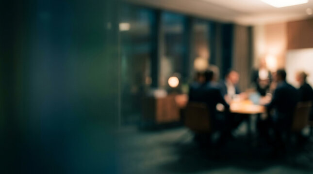 Blurred background of a professional business meeting in a modern office conference room at night with people sitting around a table.