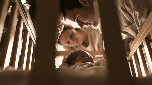Tender moment between newborn baby and parents, symbolizing unconditional love, family connection, protection, and precious memories.