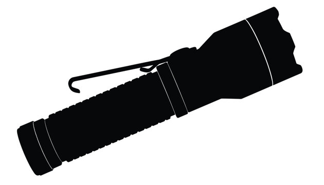 Silhouette of a professional tactical flashlight with pocket clip shown in an angled position against white background.
