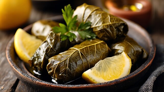 Stuffed grape leaves with lemon slices are plated on a rustic dish.