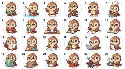 Obraz premium Cute cartoon owl character in various activities and poses, perfect for stickers and illustrations