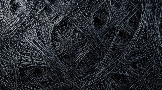Macro view of interwoven dark carbon nanotube fibers, dense network of thin strands creating a complex textured surface with overlapping lines and deep shadows