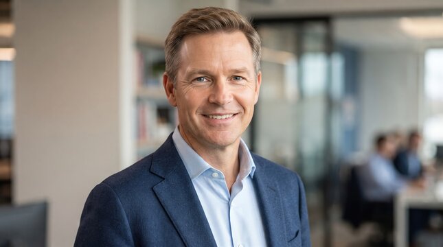 Confident businessman smiling warmly at the camera in a modern office setting demonstrating approachable leadership and professional success
