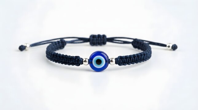 Evil eye protection bracelet with a blue glass bead, silver accents, and adjustable braided navy blue cord isolated on white background