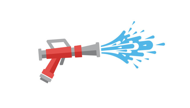 Firehose nozzle in red and grey colors spraying a powerful jet of fresh blue water on a solid white background.