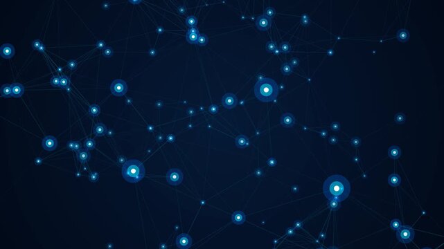 seamless loop of glowing blue digital network nodes and connecting lines moving across a dark blue background, representing data transfer, technology, and connectivity.