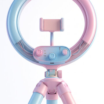 3D pastel pink and blue LED ring light with smartphone tripod. Perfect for e-commerce short-form video review assets, live commerce streaming graphics, and aesthetic beauty vlogger banners.